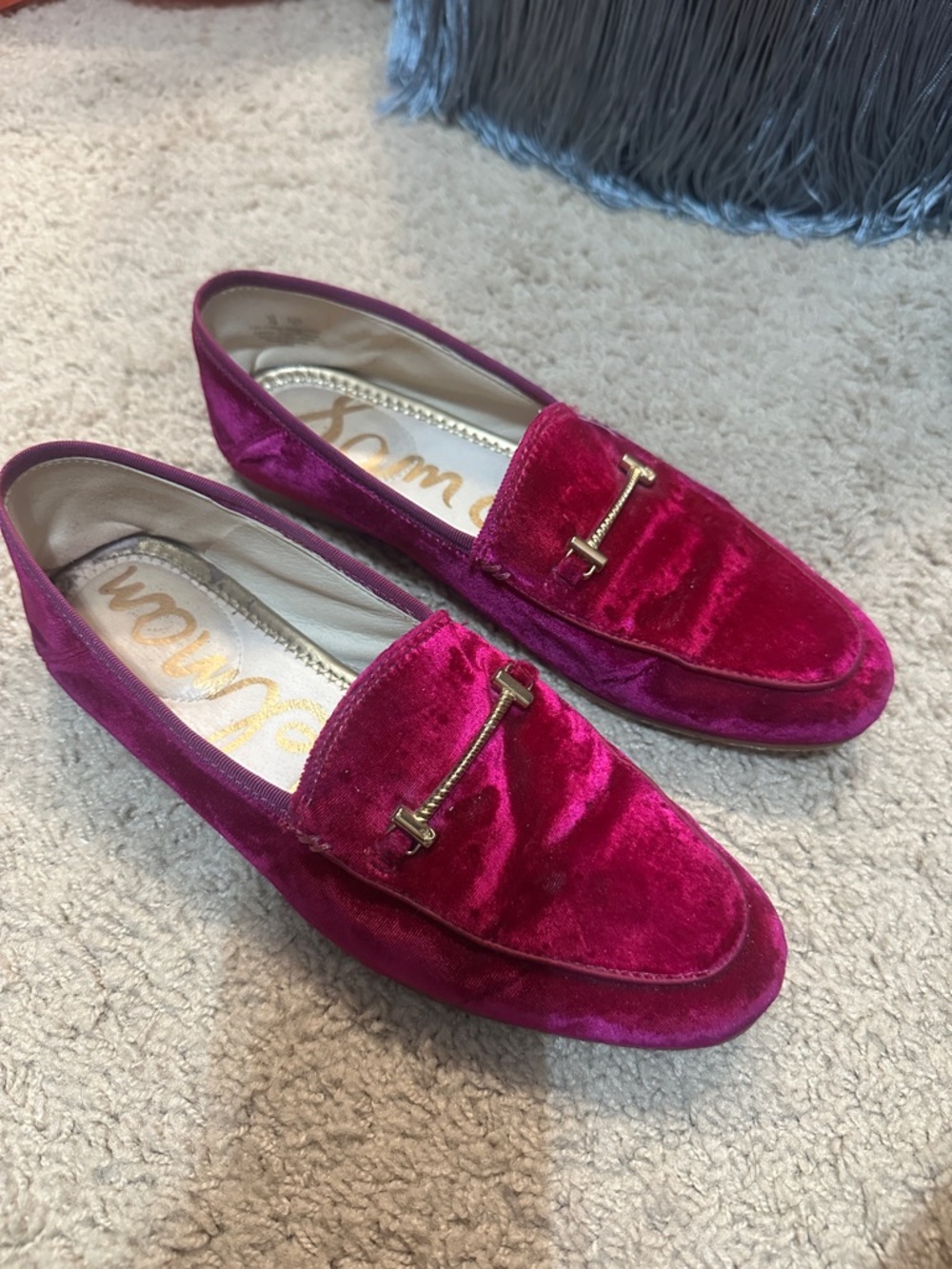 Sam Edelman Fuchsia Velvet Loafers with Gold Accent